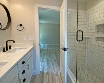 Master Bath Glass Shower with long Wavy Tile